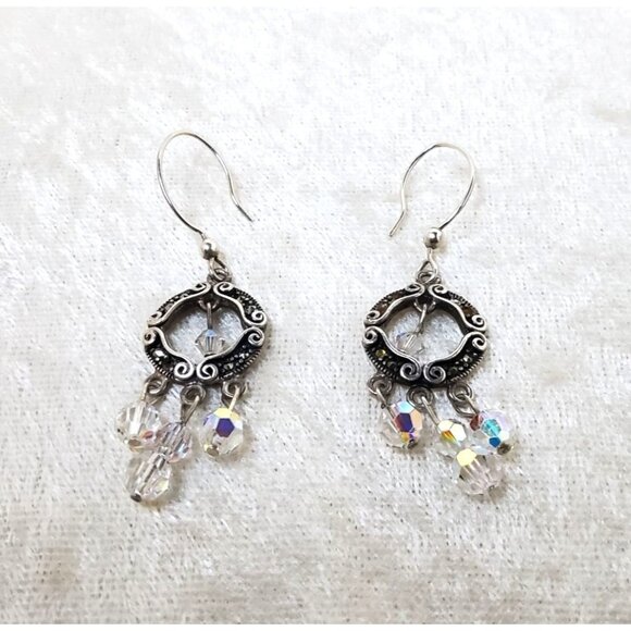 Vintage Sterling Silver Crystal & Silver Chandelier aurora borealis Earrings - Picture 1 of 5